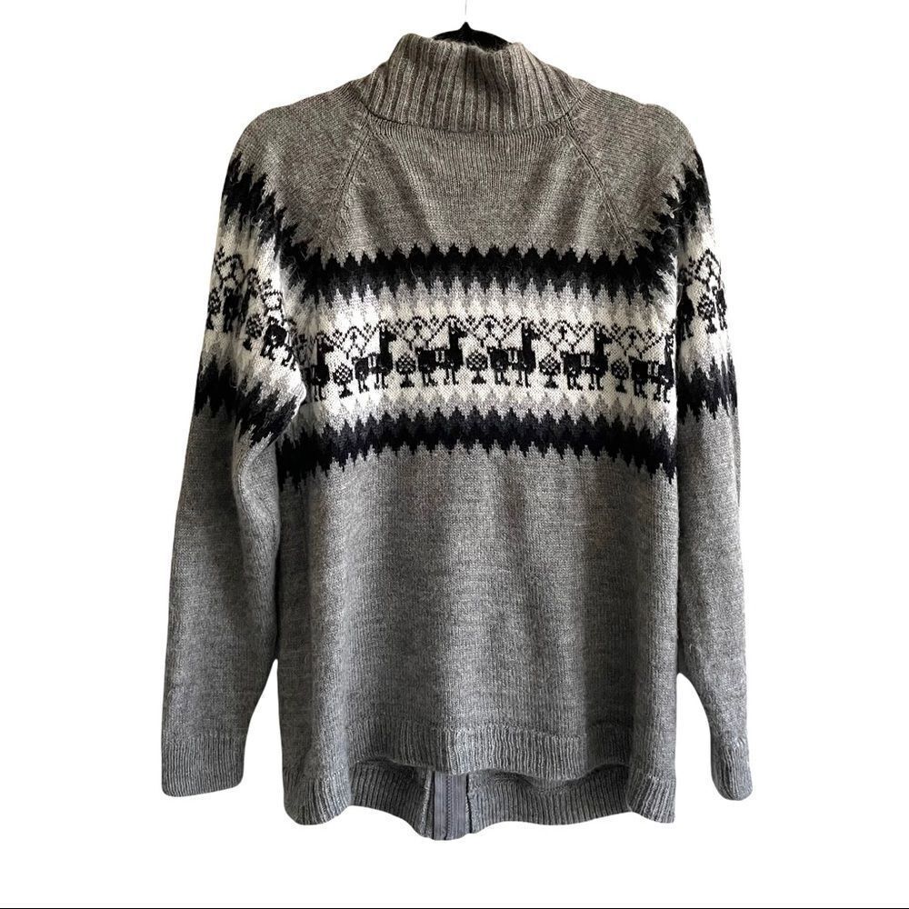 LAMA LUX Peru Wool Zip Front Knit Cardigan Sweater Jacket Gray Black White M/L - Picture 4 of 8